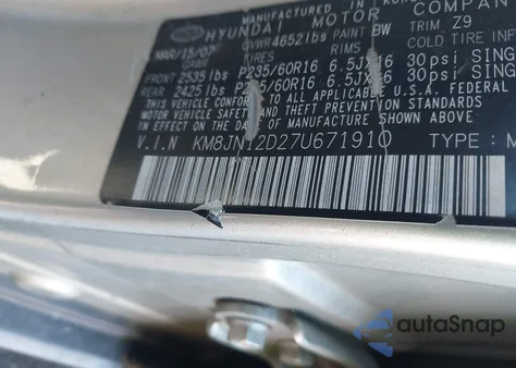 2007 Hyundai Tucson Limited/Se z USA, uszkodzony, nr VIN KM8JN12D27U671910